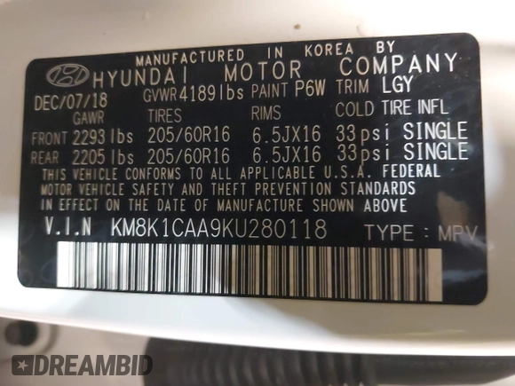 2019 Hyundai Kona SE with VIN KM8K1CAA9KU280118, listed as a IAAI auction lot 41937825 with 73,437 mi miles and . Bid and sale history available at carsss.com. Image 9.