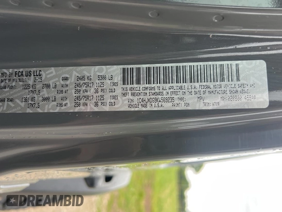 2019 Jeep Wrangler Unlimited Sport S with VIN 1C4HJXDG9KW569235, listed as a Copart auction lot 60338215 with 47,107 mi miles and Clean title. Bid and sale history available at DreamBid. Image 10.
