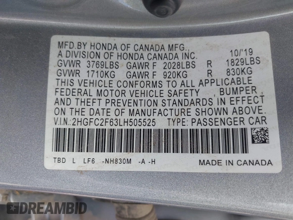 2020 Honda Civic LX with VIN 2HGFC2F63LH505525, listed as a IAAI auction lot 41920997 with Not Provided miles and . Bid and sale history available at DreamBid. Image 9.