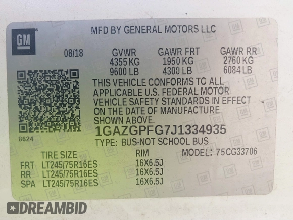 2018 Chevrolet Express Passenger LT с VIN 1GAZGPFG7J1334935, выставлен на аукционе IAAI как лот 41697084 с пробегом 72 571 миль миль и . История ставок и продаж доступна на DreamBid. Изображение 9.
