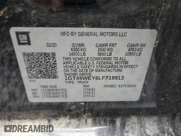 2020 GMC Sierra 3500HD Denali z VIN 1GT49WEY6LF219913, wystawiony jako Copart lot #81090434 z przebiegiem 87 356 mil mil oraz Czysty tytuł • Clean title. Historia ofert i sprzedaży dostępna na DreamBid. Obrazek 12.