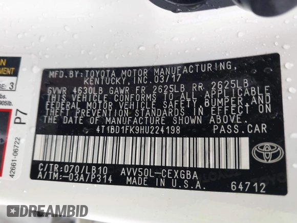 2017 Toyota Camry Hybrid LE with VIN 4T1BD1FK9HU224198, listed as a IAAI auction lot 41544717 with 23,701 mi miles. Bid and sale history available at carsss.com. Image 9.