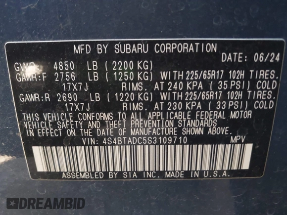 2025 Subaru Outback Premium z VIN 4S4BTADC5S3109710, wystawiony jako IAAI lot #42106499 z przebiegiem 12 127 mil mil oraz . Historia ofert i sprzedaży dostępna na DreamBid. Obrazek 9.