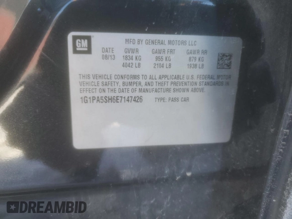 2014 Chevrolet Cruze LS with VIN 1G1PA5SH6E7147426, listed as a Copart auction lot 44770605 with 160,001 mi miles and Salvage Title. Bid and sale history available at carsss.com. Image 12.