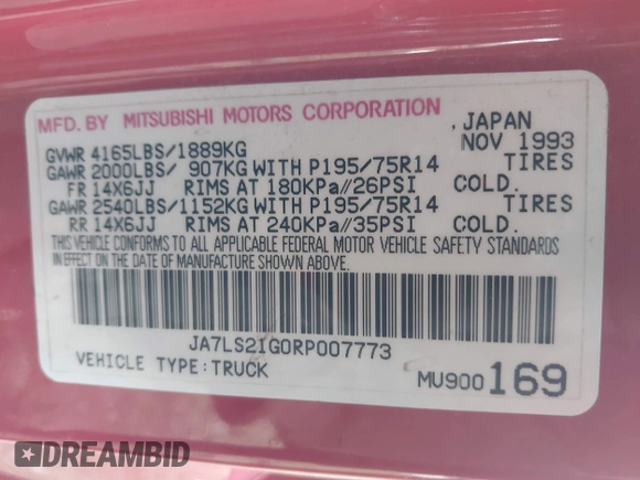 1994 Mitsubishi Mighty Max z VIN JA7LS21G0RP007773, wystawiony jako IAAI lot #41915117 z przebiegiem 68 410 mil mil oraz . Historia ofert i sprzedaży dostępna na DreamBid. Obrazek 9.