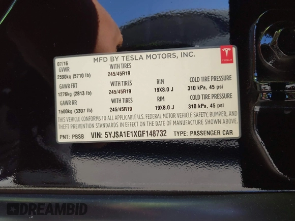 2016 Tesla Model S 70 with VIN 5YJSA1E1XGF148732, listed as a IAAI auction lot 42654257 with Not provided miles and . Bid and sale history available at DreamBid. Image 9.