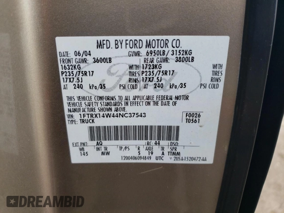 2004 Ford F-150 STX with VIN 1FTRX14W44NC37543, listed as a Copart auction lot 57442095 with 201,071 mi miles and Salvage title. Bid and sale history available at DreamBid. Image 12.