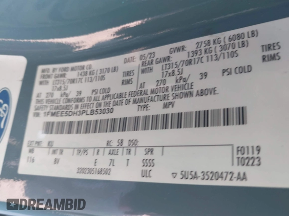 2023 Ford Bronco с VIN 1FMEE5DH3PLB53030, выставлен на аукционе IAAI как лот 41485605 с пробегом 38 808 миль миль и . История ставок и продаж доступна на DreamBid. Изображение 9.