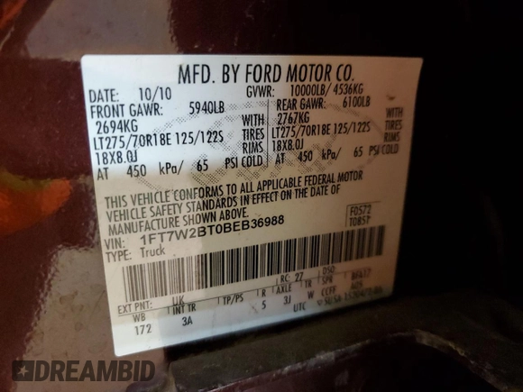2011 Ford Super Duty F-250 SRW XL with VIN 1FT7W2BT0BEB36988, listed as a Copart auction lot 53541925 with 0 mi miles and Clean Title. Bid and sale history available at carsss.com. Image 12.