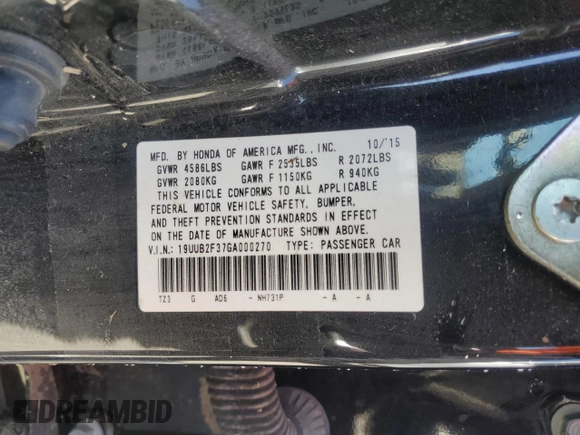 2016 Acura TLX V6 with VIN 19UUB2F37GA000270, listed as a Copart auction lot 52340855 with Not provided miles and Salvage title. Bid and sale history available at DreamBid. Image 13.
