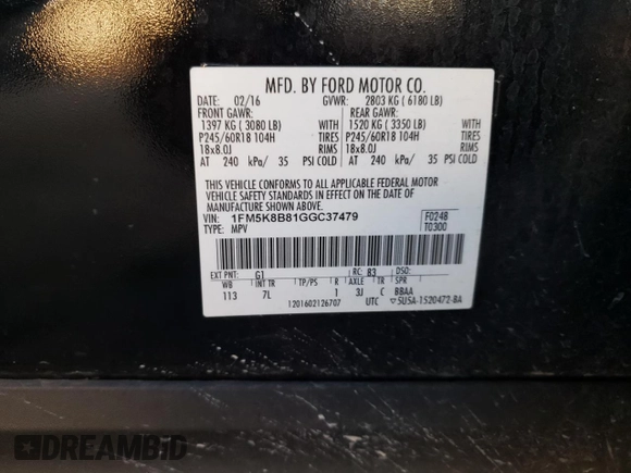 2016 Ford Explorer with VIN 1FM5K8B81GGC37479, listed as a Copart auction lot 77616604 with 267,585 mi miles and Salvage title. Bid and sale history available at DreamBid. Image 15.