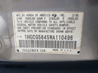 1998 Honda Accord LX с VIN 1HGCG5645WA110496, выставлен на аукционе IAAI как лот 42082333 с пробегом 169 674 миль миль и . История ставок и продаж доступна на DreamBid. Изображение 9.