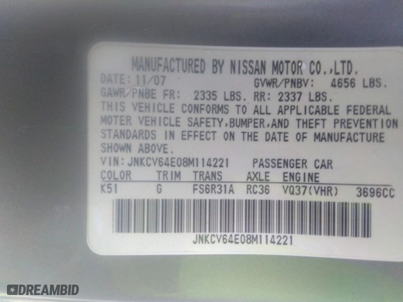 2008 Infiniti G37 Coupe Journey with VIN JNKCV64E08M114221, listed as a IAAI auction lot 41532701 with 81,898 mi miles. Bid and sale history available at carsss.com. Image 9.