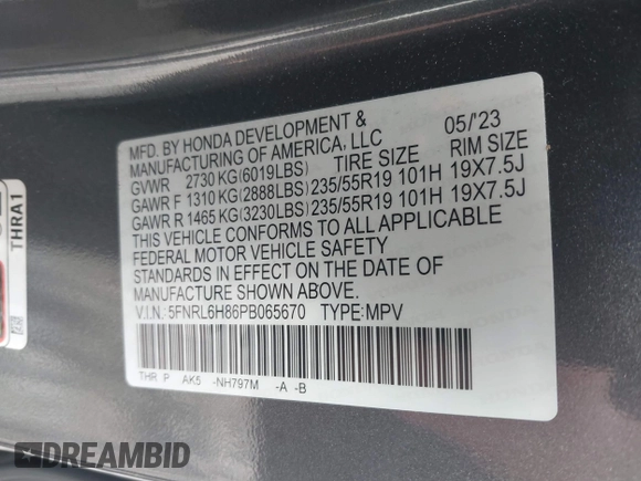 2023 Honda Odyssey Touring with VIN 5FNRL6H86PB065670, listed as a IAAI auction lot 41691093 with 22,518 mi miles and . Bid and sale history available at DreamBid. Image 9.