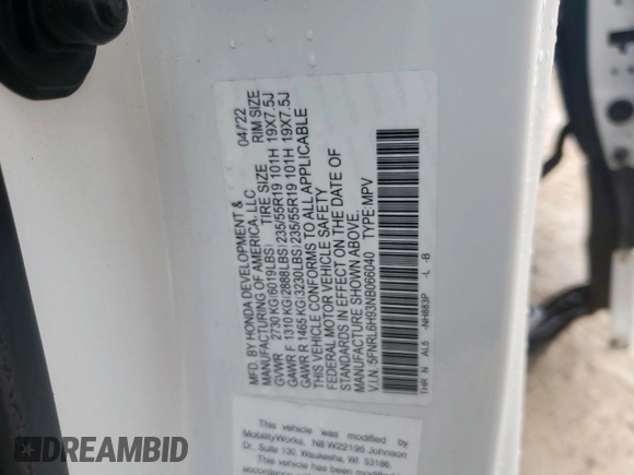 2022 Honda Odyssey Elite with VIN 5FNRL6H93NB066040, listed as a Copart auction lot 60162665 with 36,665 mi miles and Salvage title. Bid and sale history available at DreamBid. Image 13.