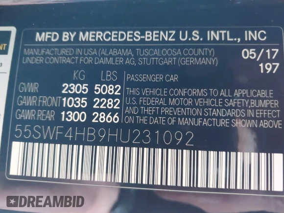 2017 Mercedes-Benz C 350e with VIN 55SWF4HB9HU231092, listed as a IAAI auction lot 42056287 with 103,264 mi miles and . Bid and sale history available at DreamBid. Image 9.