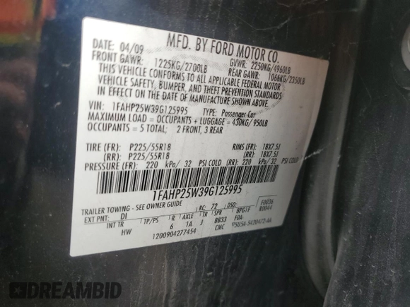 2009 Ford Taurus Limited with VIN 1FAHP25W39G125995, listed as a Copart auction lot 70516134 with 78,626 mi miles and Salvage Title. Bid and sale history available at carsss.com. Image 12.