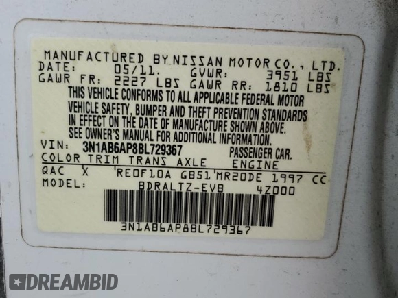 2011 Nissan Sentra SR with VIN 3N1AB6AP8BL729367, listed as a Copart auction lot 60301965 with 194,450 mi miles and Clean title. Bid and sale history available at DreamBid. Image 12.