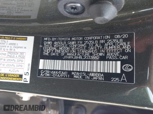 2020 Lexus UX 250h with VIN JTHX9JBH8L2033882, listed as a IAAI auction lot 42562160 with 62,848 mi miles and . Bid and sale history available at DreamBid. Image 9.