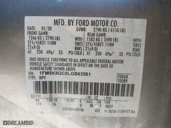 2020 Ford Explorer ST with VIN 1FM5K8GC6LGB63581, listed as a IAAI auction lot 41208573 with 57,057 mi miles. Bid and sale history available at carsss.com. Image 9.