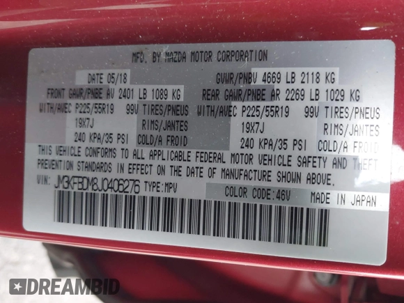 2018 Mazda CX-5 Grand Touring with VIN JM3KFBDM8J0406276, listed as a IAAI auction lot 41447355 with 70,772 mi miles. Bid and sale history available at carsss.com. Image 9.