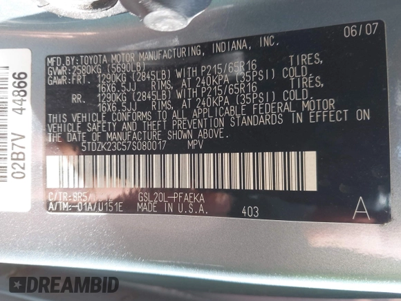 2007 Toyota Sienna CE with VIN 5TDZK23C57S080017, listed as a IAAI auction lot 41962712 with 29,966 mi miles and . Bid and sale history available at DreamBid. Image 9.
