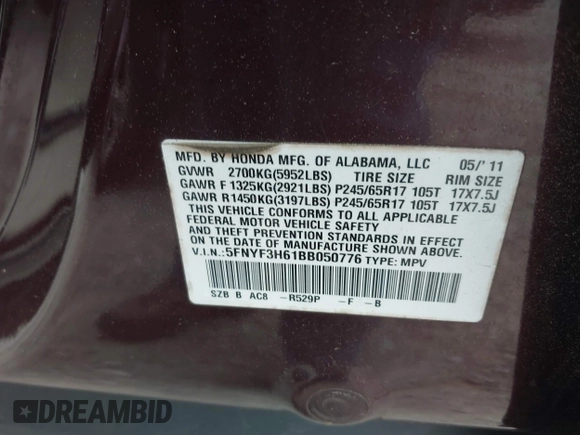 2011 Honda Pilot EX-L with VIN 5FNYF3H61BB050776, listed as a IAAI auction lot 41934621 with 172,424 mi miles and . Bid and sale history available at DreamBid. Image 9.