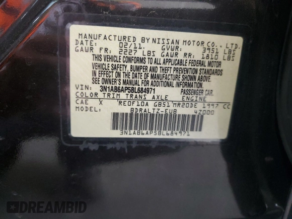 2011 Nissan Sentra 2.0 with VIN 3N1AB6AP5BL684971, listed as a Copart auction lot 54653325 with 160,931 mi miles and Salvage Title. Bid and sale history available at DreamBid. Image 12.