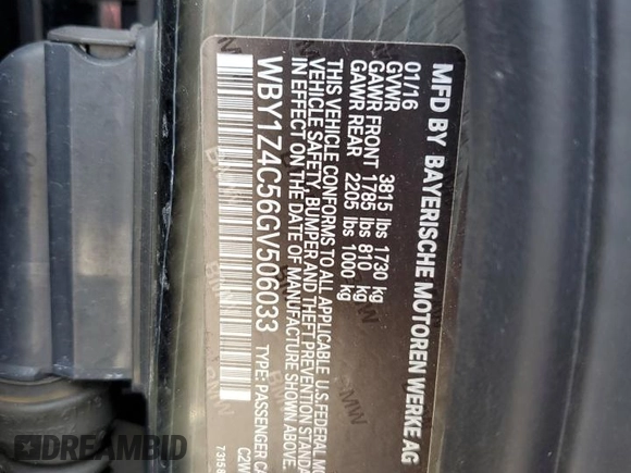 2016 BMW i3 with VIN WBY1Z4C56GV506033, listed as a Copart auction lot 45813425 with 0 mi miles and Non Repairable. Bid and sale history available at carsss.com. Image 12.