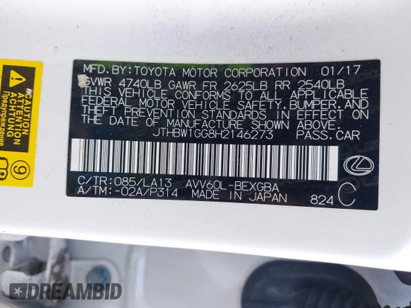 2017 Lexus ES 300h with VIN JTHBW1GG8H2146273, listed as a IAAI auction lot 41825380 with 180,575 mi miles and . Bid and sale history available at DreamBid. Image 9.