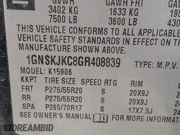2016 Chevrolet Suburban LTZ with VIN 1GNSKJKC8GR408839, listed as a IAAI auction lot 42573413 with 168,537 mi miles and . Bid and sale history available at DreamBid. Image 9.