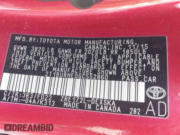 2016 Toyota Corolla L with VIN 2T1BURHE0GC552860, listed as a IAAI auction lot 42167395 with 108,011 mi miles and . Bid and sale history available at DreamBid. Image 9.
