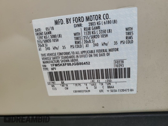 2018 Ford Explorer Limited with VIN 1FM5K8F88JGB86452, listed as a Copart auction lot 54562565 with Not Provided miles and Salvage Title. Bid and sale history available at carsss.com. Image 14.