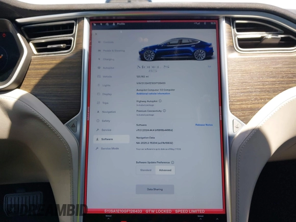 2016 Tesla Model S 70 kWh Battery with VIN 5YJSA1E10GF126433, listed as a IAAI auction lot 42169558 with 120,182 mi miles and . Bid and sale history available at carsss.com. Image 7.