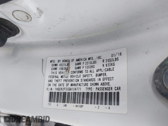 2016 Honda Accord Sport with VIN 1HGCR2F50GA104771, listed as a IAAI auction lot 42573783 with 100,594 mi miles and . Bid and sale history available at DreamBid. Image 9.