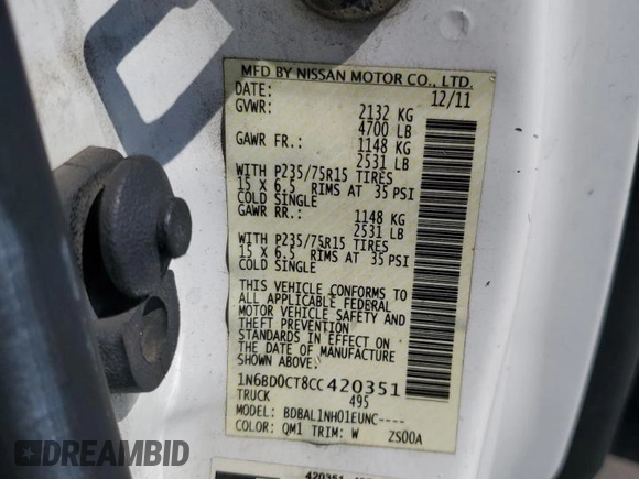 2012 Nissan Frontier S with VIN 1N6BD0CT8CC420351, listed as a Copart auction lot 63627525 with 173,564 mi miles and Clean title. Bid and sale history available at DreamBid. Image 12.