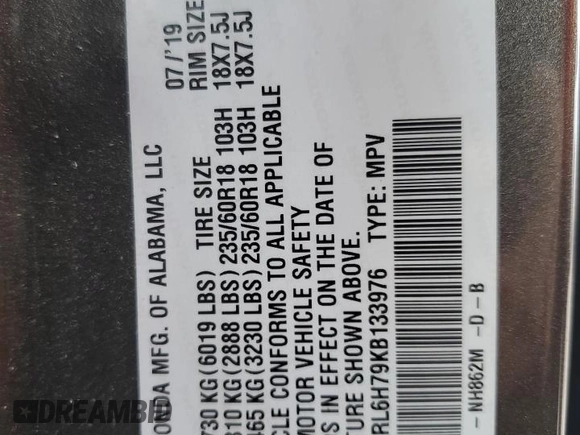 2019 Honda Odyssey EX-L z VIN 5FNRL6H79KB133976, wystawiony jako Copart lot #56988215 z przebiegiem Nie podano mil oraz Szkoda całkowita • Salvage title. Historia ofert i sprzedaży dostępna na DreamBid. Obrazek 13.