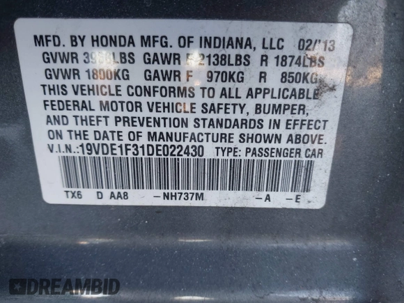 2013 Acura ILX with VIN 19VDE1F31DE022430, listed as a IAAI auction lot 41260268 with 123,867 mi miles. Bid and sale history available at carsss.com. Image 9.