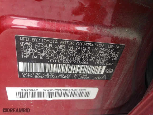 2015 Lexus IS 350 with VIN JTHCE1D22F5006666, listed as a Copart auction lot 50836345 with 164,612 mi miles and Salvage Title. Bid and sale history available at carsss.com. Image 12.