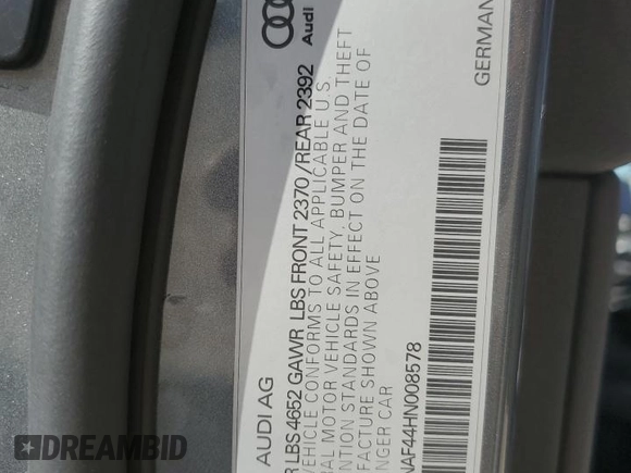 2017 Audi A4 Premium Plus with VIN WAULNAF44HN008578, listed as a Copart auction lot 43667935 with 90,693 mi miles and Salvage Title. Bid and sale history available at carsss.com. Image 14.