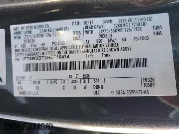 2017 Ford F-350 Platinum with VIN 1FT8W3BT2HEF16434, listed as a Copart auction lot 47240165 with 99,219 mi miles and Salvage Title. Bid and sale history available at DreamBid. Image 14.