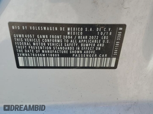 2019 Volkswagen Jetta S with VIN 3VWN57BU6KM118809, listed as a Copart auction lot 64180825 with 101,787 mi miles and Salvage title. Bid and sale history available at DreamBid. Image 13.