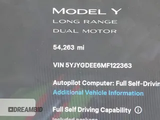2021 Tesla Model Y Long Range with VIN 5YJYGDEE6MF122363, listed as a IAAI auction lot 41952018 with 54,263 mi miles and . Bid and sale history available at carsss.com. Image 15.