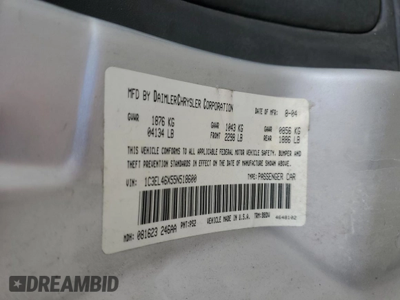 2005 Chrysler Sebring with VIN 1C3EL46X55N518600, listed as a Copart auction lot 44782145 with 159,436 mi miles and Salvage Title. Bid and sale history available at DreamBid. Image 13.