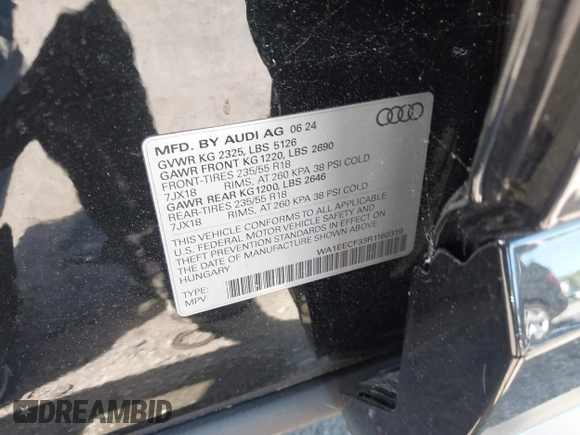 2024 Audi Q3 S line Premium Plus with VIN WA1EECF33R1160319, listed as a IAAI auction lot 42257856 with 4,246 mi miles and . Bid and sale history available at DreamBid. Image 9.