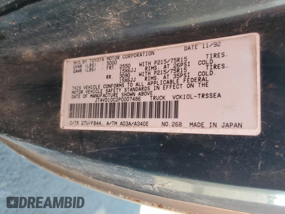 1993 Toyota T100 z VIN JT4VD10C2P0007486, wystawiony jako Copart lot #77669724 z przebiegiem 150 936 mil mil oraz Tytuł czysty. Historia ofert i sprzedaży dostępna na DreamBid. Obrazek 12.