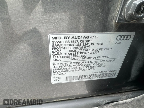 2019 Audi Q7 Premium Plus with VIN WA1LAAF73KD048392, listed as a Copart auction lot 60239275 with 152,699 mi miles and Clean title. Bid and sale history available at DreamBid. Image 10.