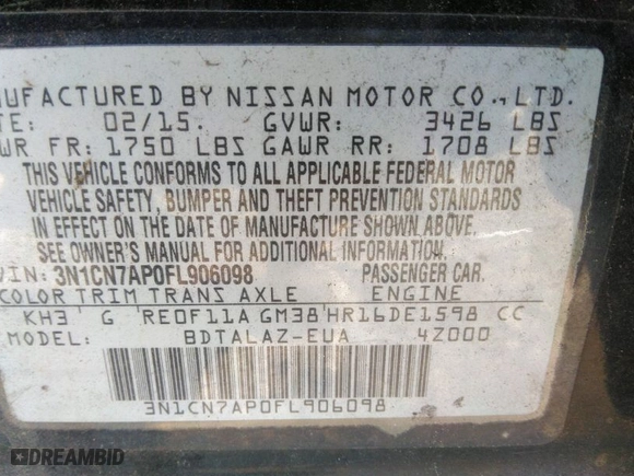 2015 Nissan Versa S Plus with VIN 3N1CN7AP0FL906098, listed as a IAAI auction lot 41834039 with 221,538 mi miles. Bid and sale history available at carsss.com. Image 9.