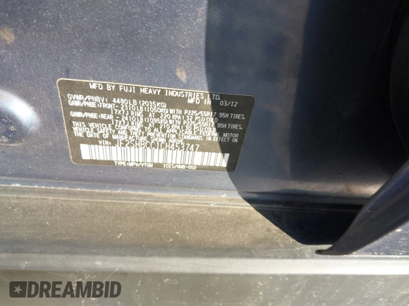 2012 Subaru Forester 2.5X Premium with VIN JF2SHBCC1CH453747, listed as a IAAI auction lot 41223954 with 161,654 mi miles. Bid and sale history available at carsss.com. Image 9.