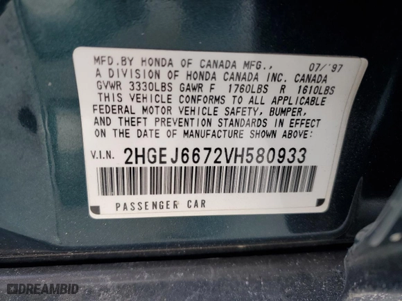 1997 Honda Civic LX with VIN 2HGEJ6672VH580933, listed as a Copart auction lot 49885485 with 70,063 mi miles and Salvage Title. Bid and sale history available at carsss.com. Image 12.